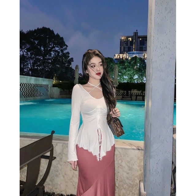 Áo thun đuôi cá rút dây body nữ rút eo kiểu tay loe dây chéo cổ chất thun gân