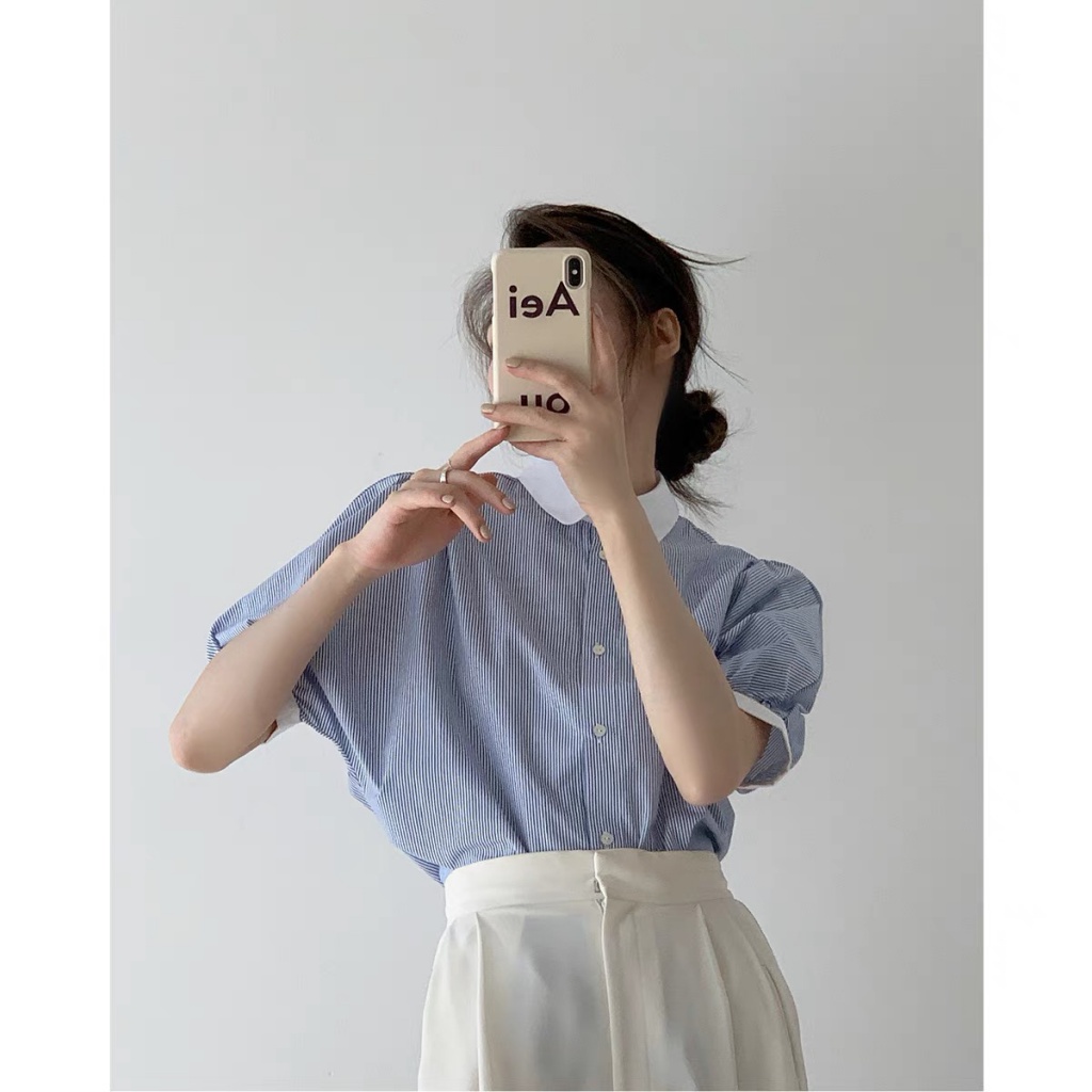 Áo Sơ Mi Tay Ngắn Phồng Họa Tiết Sọc Thời Trang Dành Cho Nữ