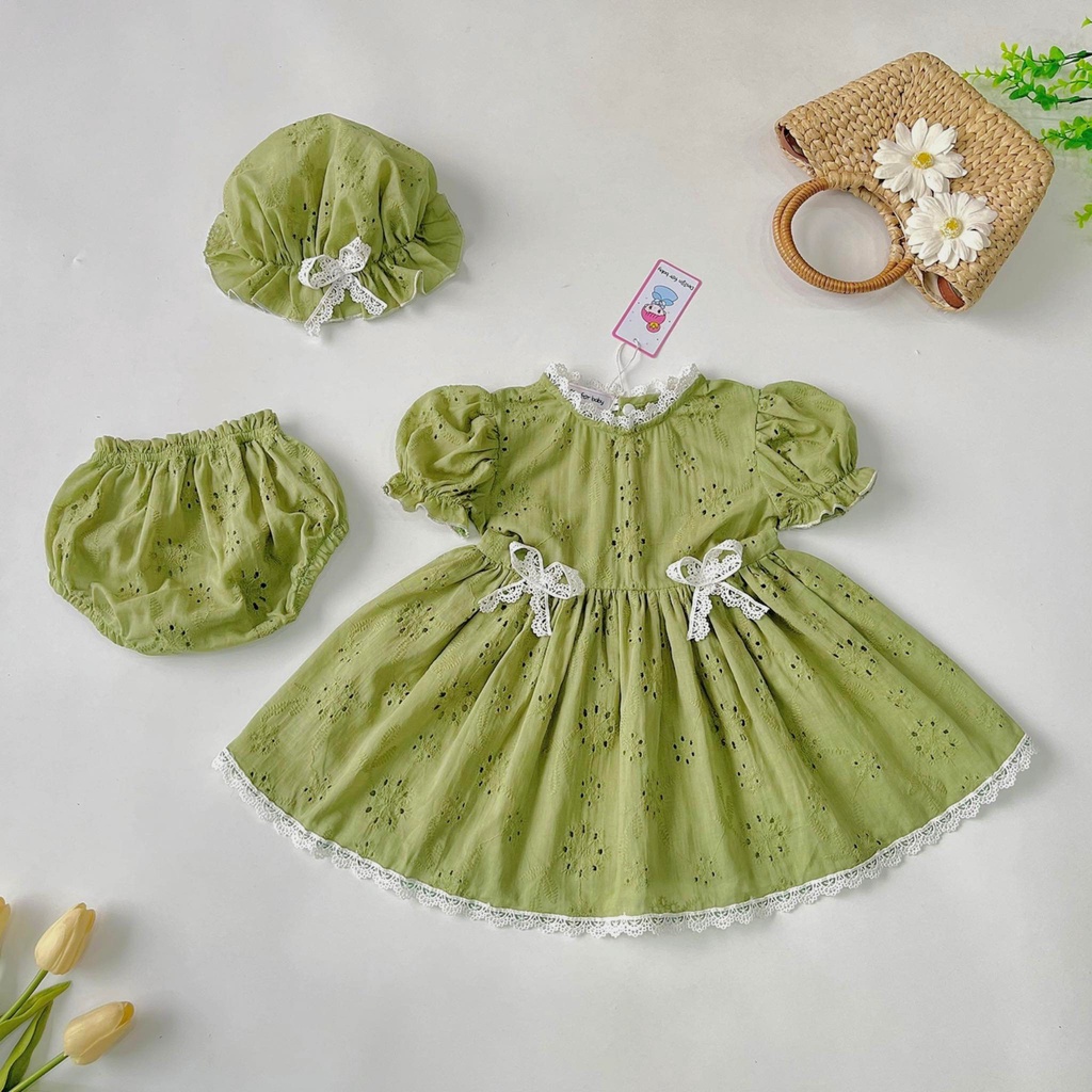 Sét bộ áo váy xanh kèm mũ 4-11 kg,Bộ cho bé đầy tháng thôi nôi sự kiện bé gái