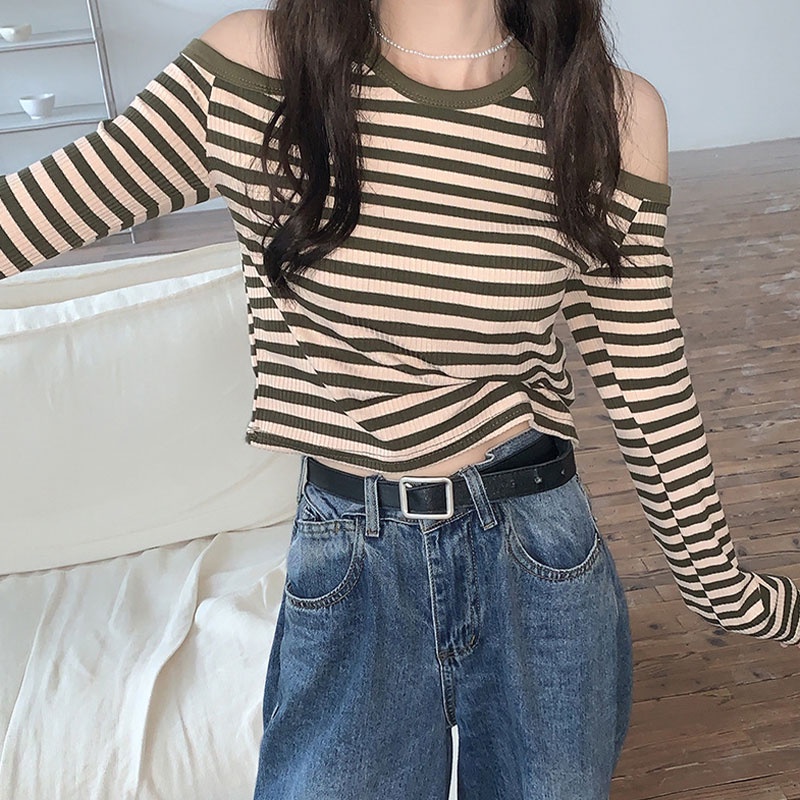Áo Thun Tay Dài Cổ Tròn Hở Vai Họa Tiết Kẻ Sọc Màu Sắc Tương Phản Phong Cách Hàn Quốc Dành Cho Bạn Nữ áo croptop