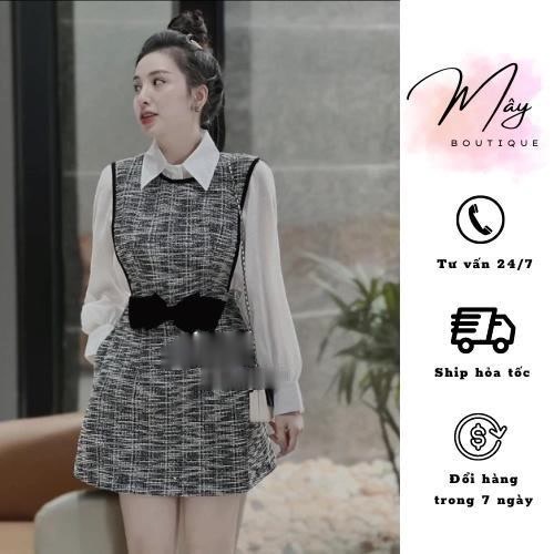 Đầm dạ xám phối sơ mi kèm nơ eo Váy công sở thiết kế kiểu dáng Hàn Quốc
