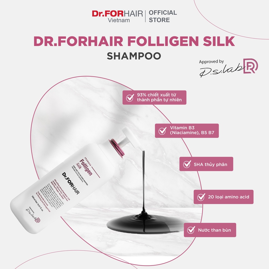 Bộ gội xả dành cho tóc mỏng và hư tổn không chứa silicon Dr. FORHAIR FOLLIGEN SILK SHAMPOO  x FOLLIGEN TREATMENT 600ml