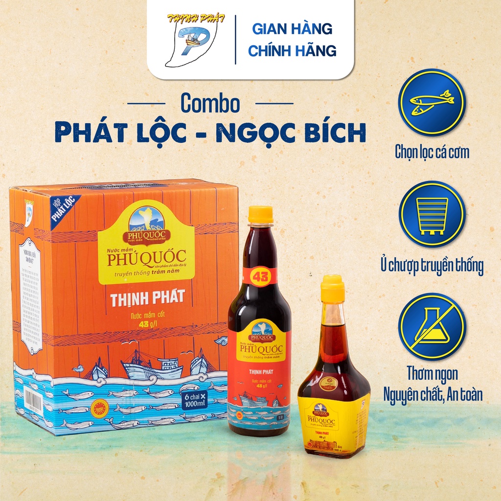 Combo 6 chai 1000ml Phát Lộc 43 độ và 1 chai 200ml Ngọc Bích 40 độ nước mắm truyền thống Phú Quốc Thịnh Phát từ cá cơm