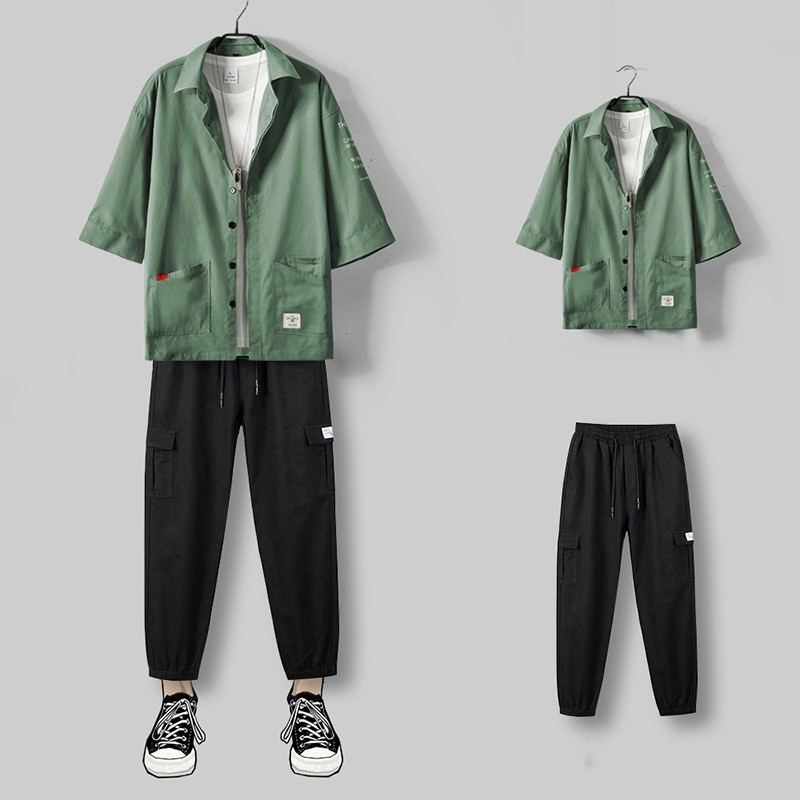 Bộ Quần Áo Nam Áo Sơ Mi Cổ Đức Phối Túi Kết Hợp Quần Jogger Túi Hộp Bo Gấu Năng Động sozo SET NAM 90000120