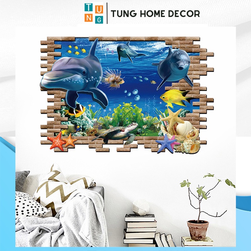 Decal dán tường hàn quốc trang trí phòng ngủ TUNG DECOR AY9706 Cá voi đại dương 3D