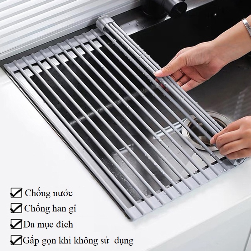 Kệ gác bồn rửa chén Inox 304 Gấp gọn - Thanh gác chậu rửa bát đa năng