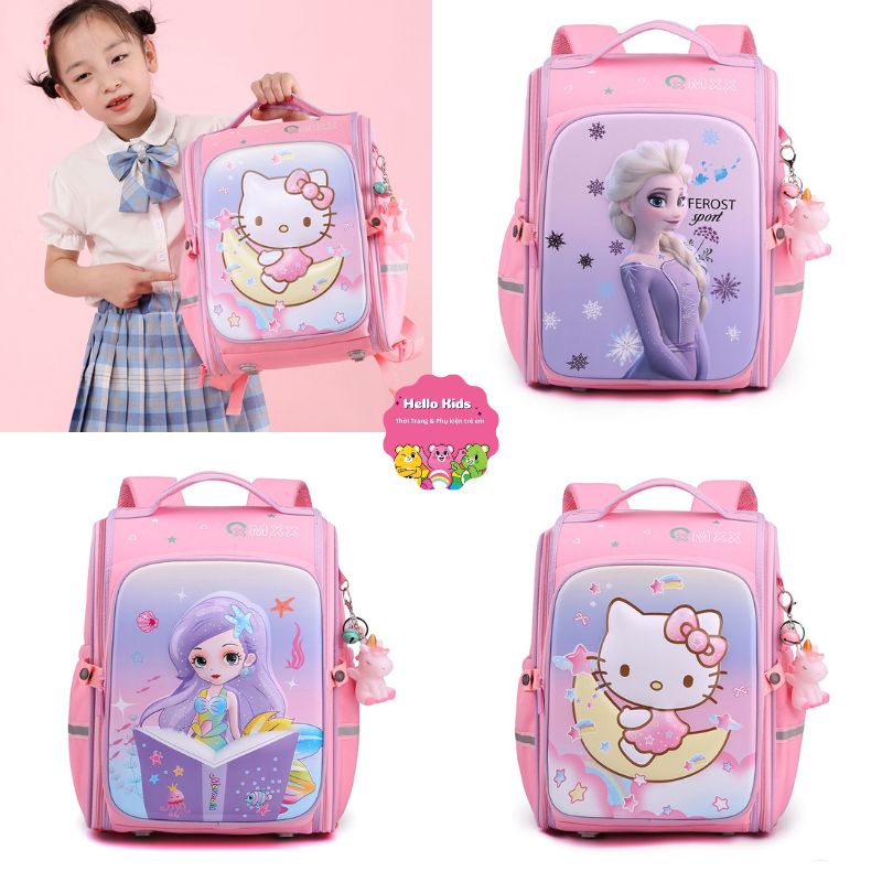 Balo chống gù, cặp sách trẻ em cho bé gái đi học tiểu học lớp 1 2 3 họa tiết 3D Kitty Công chúa Elsa HELLO KIDS 2022