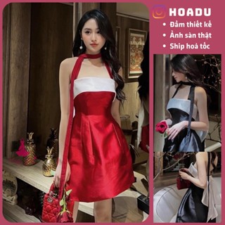   Ảnh sàn+video  Đầm Taffta dáng xoè 2 dây đính nơ lưng nữ tính đầm phù hợp đi tiệc 