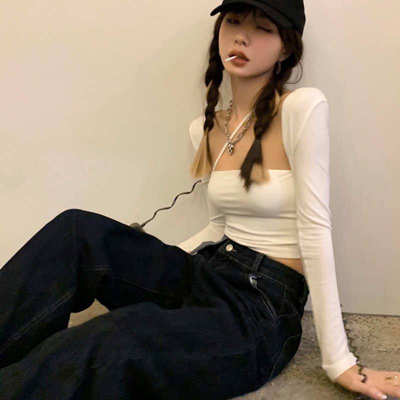 Áo Thun Tay Dài Dáng Ngắn Màu Trơn Quyến Rũ Trẻ Trung Phong Cách Hàn Quốc