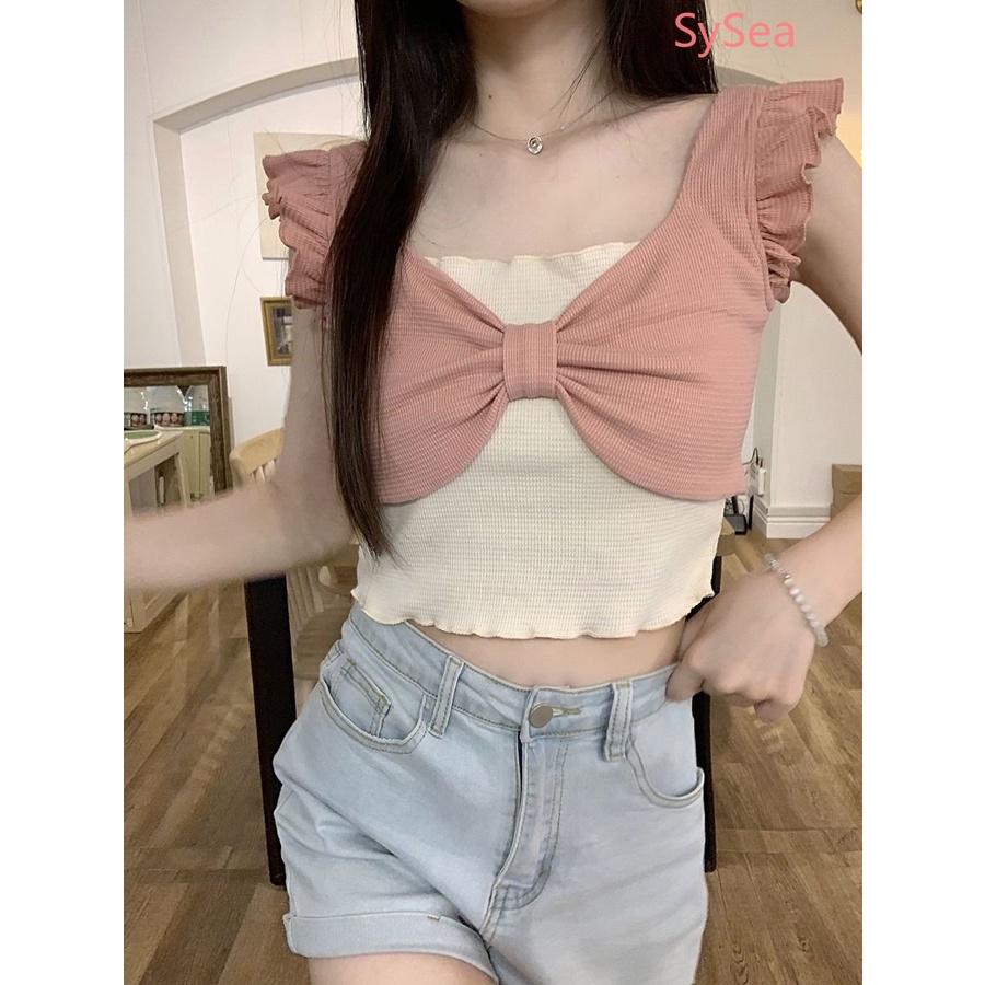 Áo Hai Dây Mùa Hè Thắt Nơ Phong Cách Pháp Cho Nữ