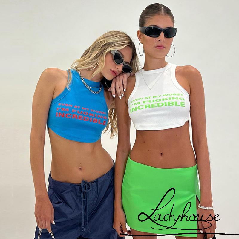 Áo Croptop Không Tay Cổ Tròn In Chữ Thời Trang Mùa Hè Cho Nữ