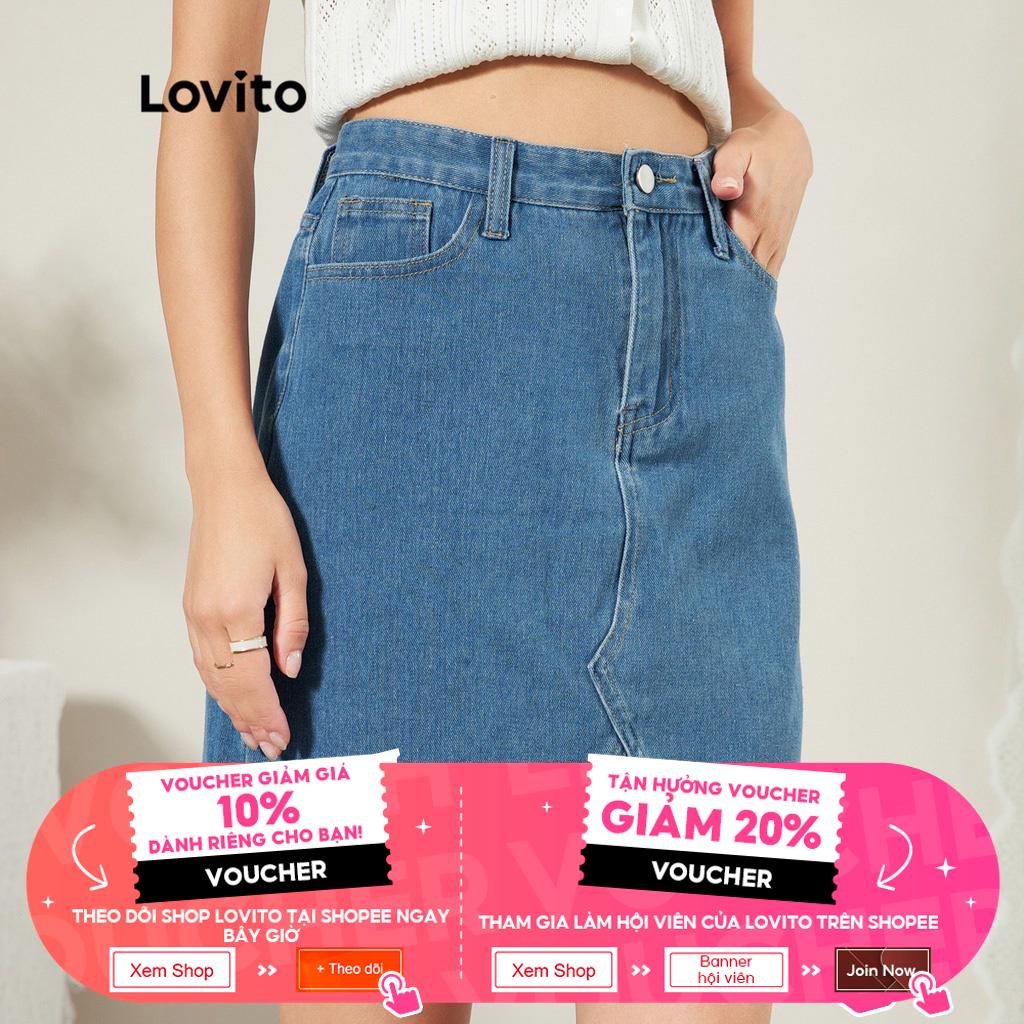 Chân váy denim Lovito thiết kế màu trơn có túi chất liệu dày dặn L25ED055 (màu xanh lam)