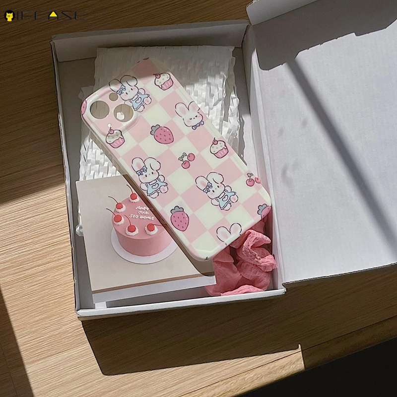 Ốp Điện Thoại Họa Tiết Thỏ / Dâu Tây / Cherry Gắn Nơ Sọc Caro Chống Sốc Cho iPhone 14 Plus 13 12 11 Pro Max