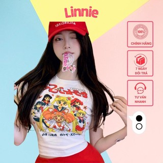 Áo croptop nữ ngắn tay in hình hoạt hình Linnie, Áo kiểu nữ cổ tròn ôm body cực tôn dáng