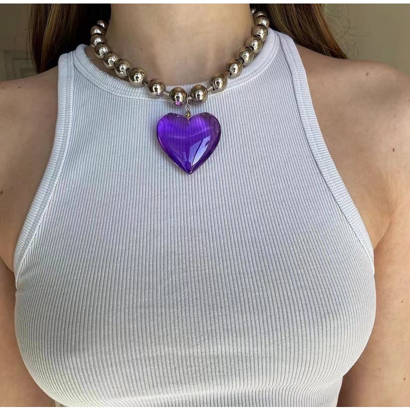 Vòng cổ Chuỗi Hạt Mặt Kính Trái Tim Phong Cách Hip Hop