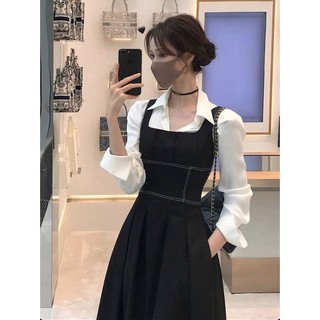 Váy set đen: áo sơ mi trắng cổ đức tay dài, vái 2 dây đen to bản