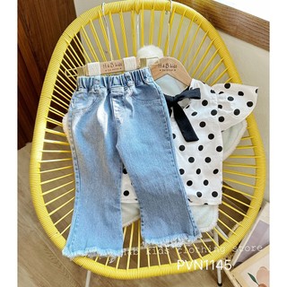 Bộ chấm bi nơ lưng + quần jean bé gái
