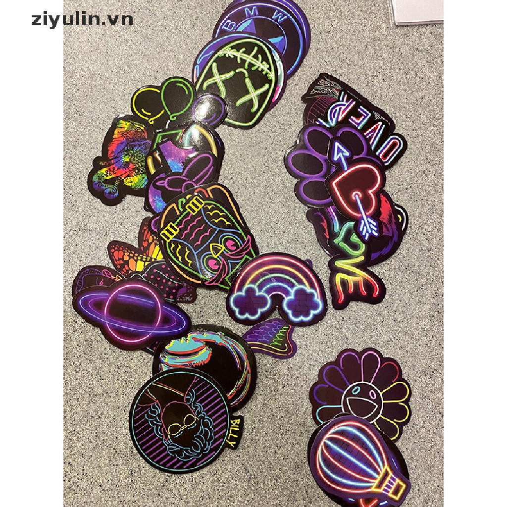 Bộ 50 Miếng Dán Họa Tiết Graffiti Màu Neon Trang Trí Vali / Xe Hơi / Xe Máy DIY