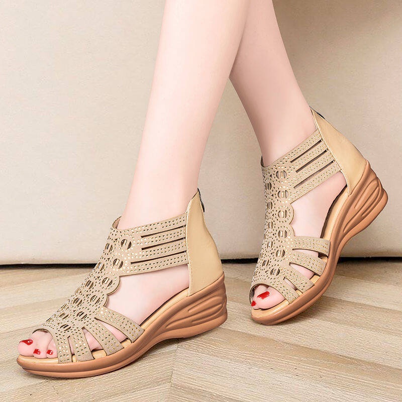 TIANLEYU dép nữ Xăng đan Wedge La mã Miệng cá Rhinestone Gót vừa Đế mềm Hở ngón 9Z23022402