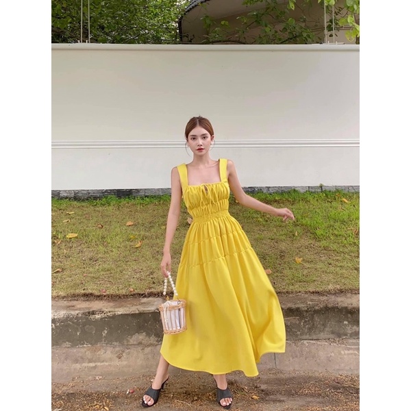 SOPHIA DRESS : Đầm hai dây vàng dây nhún smocking màu vàng 💛