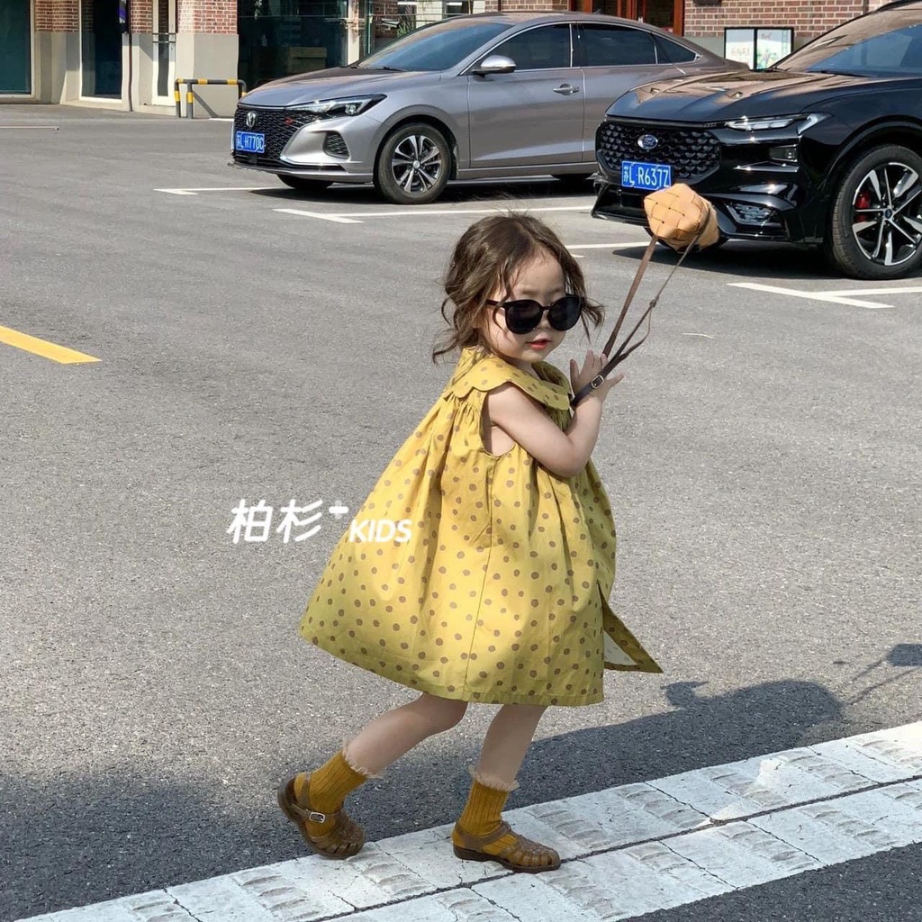 Váy Vàng Chấm Bi Thời Trang Nhẹ Nhàng Nữ Tính - Đầm Thiết Kế Dáng Chữ A Cho Bé