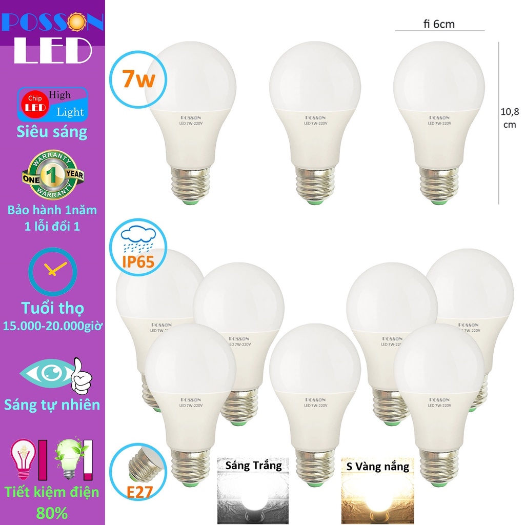 Sỉ 100 Bóng đèn Led 7w bup tròn A60 bulb tiết kiệm điện kín chống nước mưa Posson LB-7x