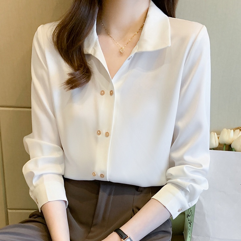 Áo Sơ Mi Chiffon Satin Cao Cấp Phối Nút Vàng Phong Cách Hong Kong Thời Trang Mùa Xuân 2023 Cho Nữ