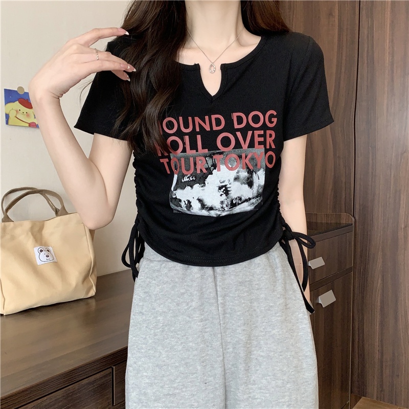 Áo thun PEWARN tay ngắn dáng ôm thiết kế dây rút phong cách harajuku Hàn Quốc cho nữ