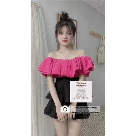 Áo trễ vai voan bèo tầng tiểu thư croptop màu hồng