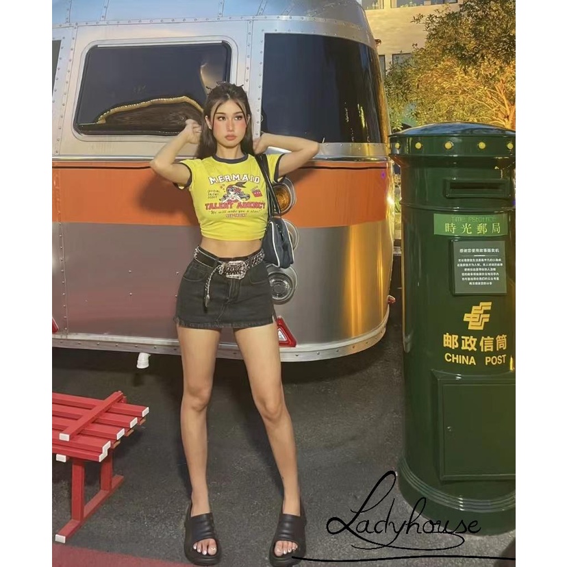 Áo Thun T-shirt Tay Ngắn Cổ Tròn In Chữ Nàng Tiên Cá Màu Sắc Tương Phản Dành Cho Nữ