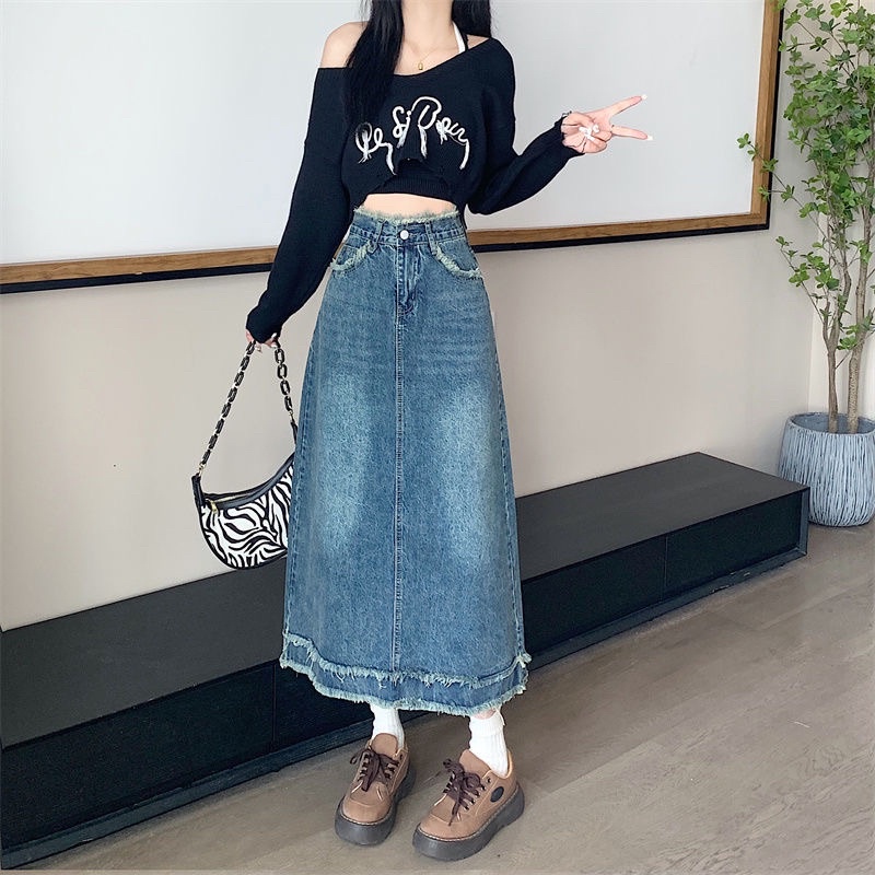 Chân Váy Jeans Denim chữ A Dáng Dài Lưng Cao Hàn Quốc Trẻ Trung, Chân Váy Nữ Tua Rua
