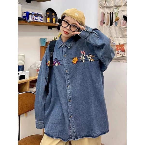 Áo Sơ Mi Bò Nữ Dài Tay Thêu Họa Tiết Gấu Hoạt Hình, áo khoác jean form rộng cá tính đi học đi chơi