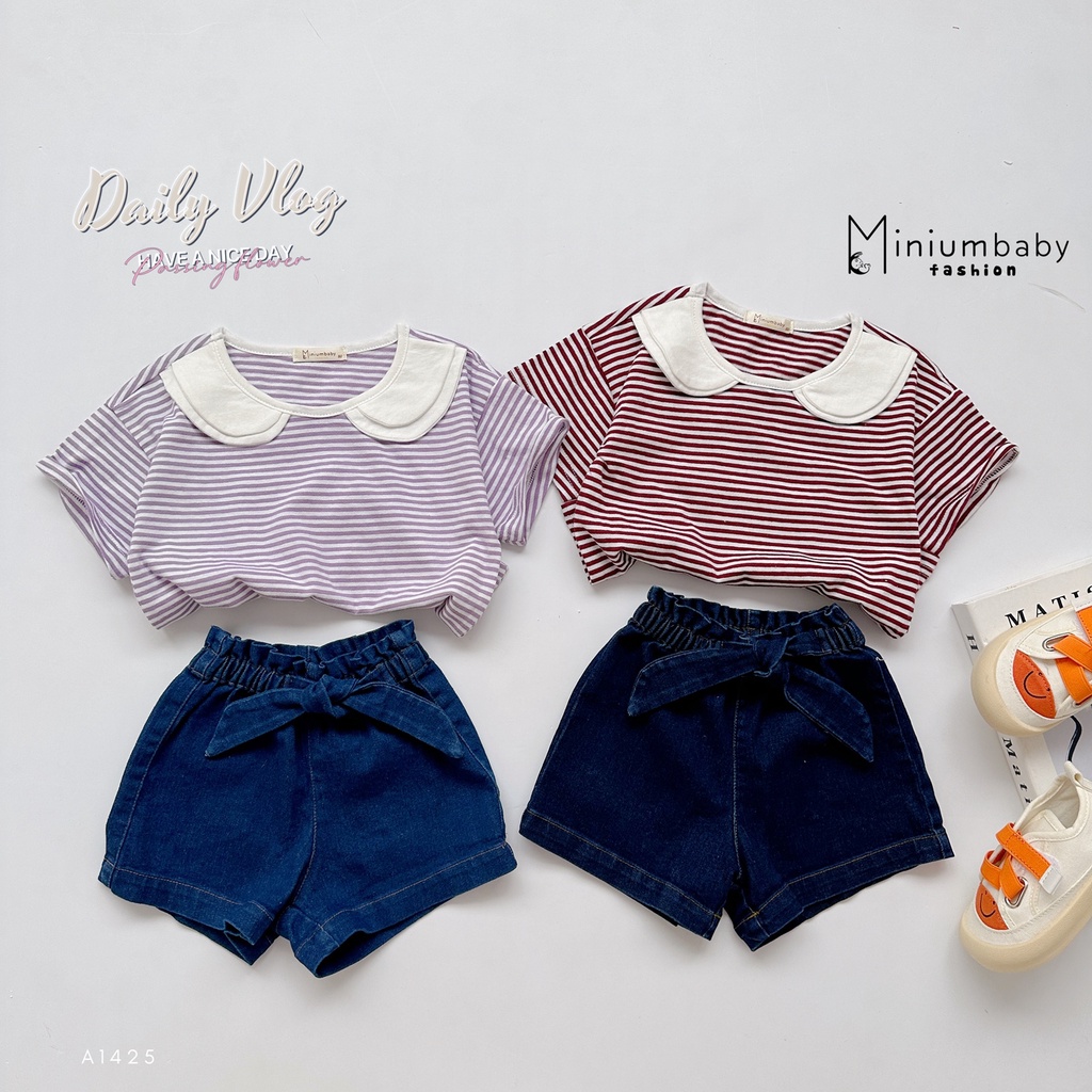 Áo kẻ phối cổ sen 2 tầngcho bé gái chất liệu 100% cotton, set quần áo trẻ em miniumbabyfashion SB1425, QC1440