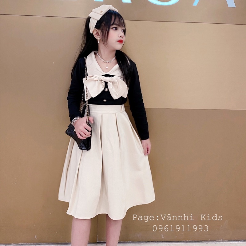 Set áo nơ + chân váy dài Tiểu Thư vingate cho bé size đại 17kg-41kg