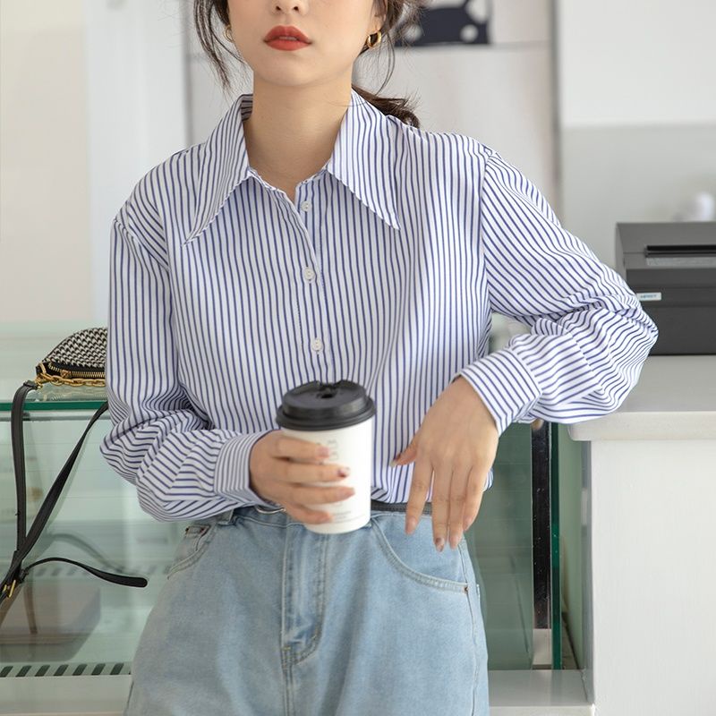 Áo Sơ Mi Dài Tay Họa Tiết Sọc Dọc Phong Cách Hong Kong Thời Trang Cho Nữ