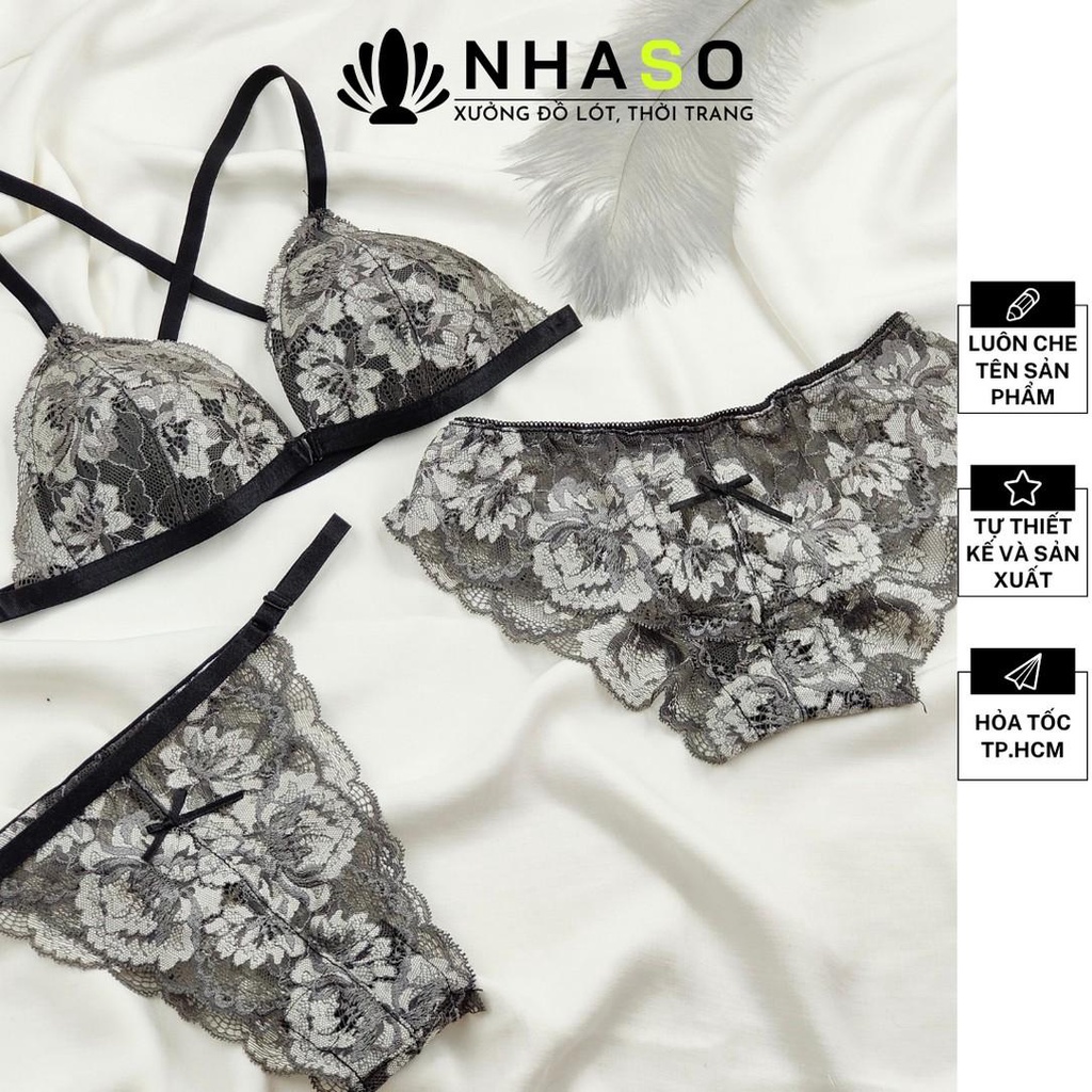 Bộ đồ lót ren 🔥NS014 hoa trắng xám không gọng mút vừa gợi cảm quần tam giác/dây Nhà Sò