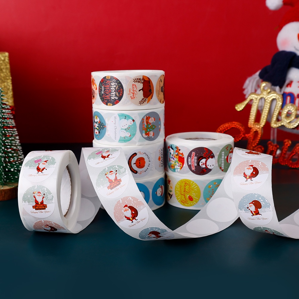 Cuộn 500 Sticker Tự Dính Họa Tiết Giáng Sinh Trang Trí Phong Bì / Kẹo Dễ Thương