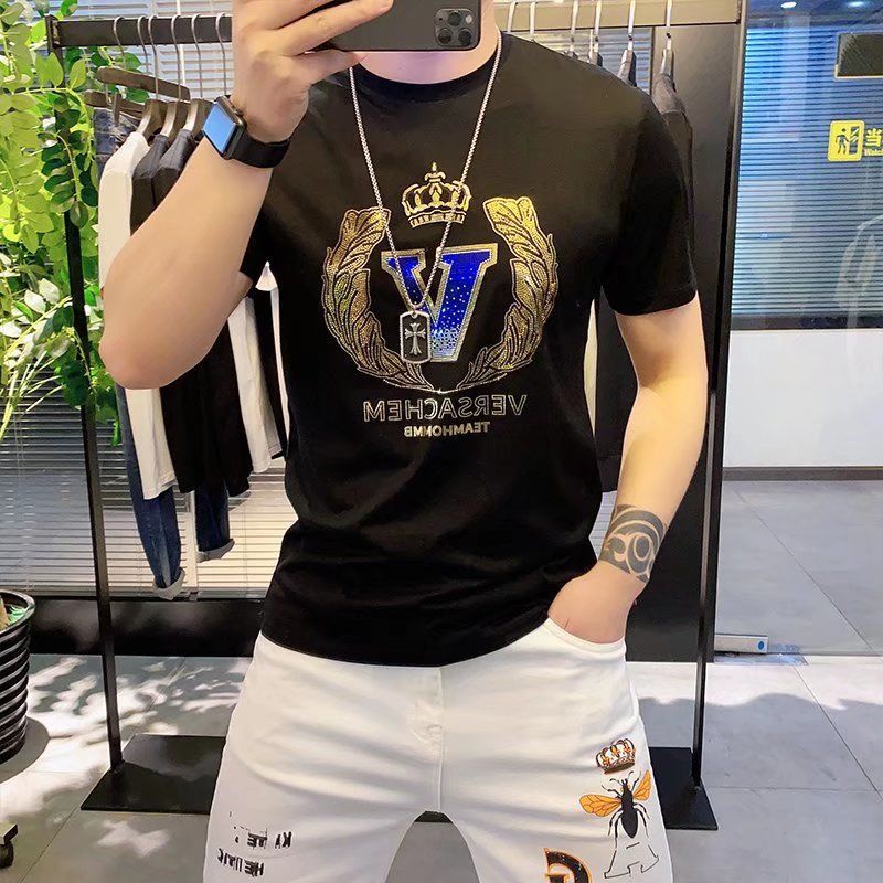 Áo Thun Cotton Tay Ngắn In Hình Vương Miện Đính Đá Thời Trang Mùa Hè Hàn Quốc Hàng Mới 2023 Dành Cho Bạn Nam