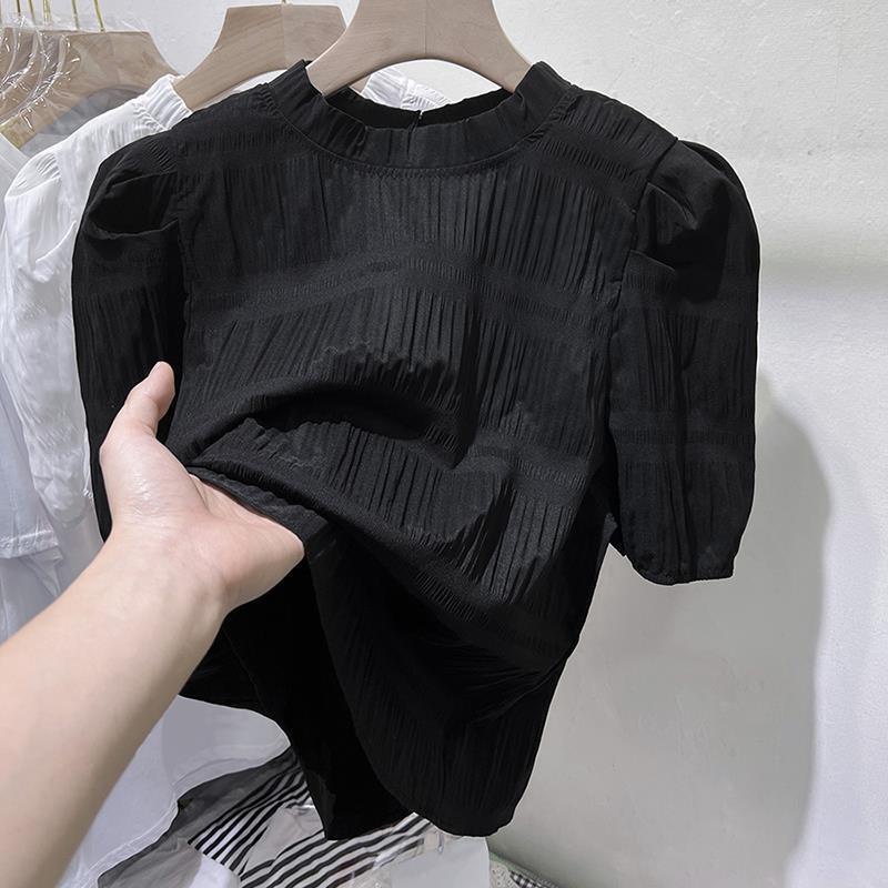 Áo Sơ Mi Chiffon Tay Ngắn Phồng Màu Đen Thời Trang Mùa Hè 2023 Cho Nữ