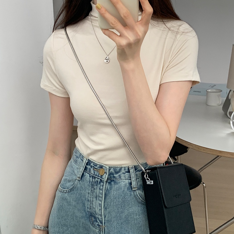 Áo thun SUXI tay ngắn cổ đứng dáng ôm màu trơn thời trang mùa hè cho nữ