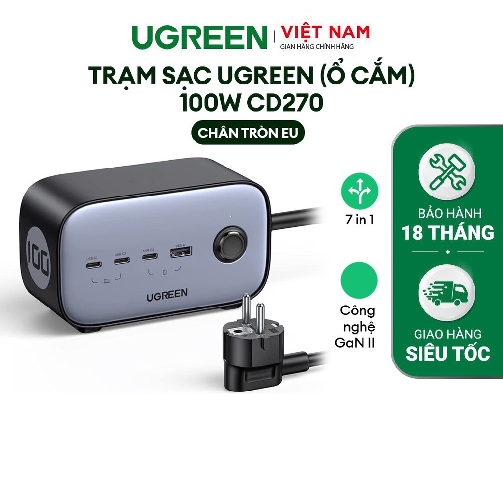 Trạm sạc UGREEN  100W CD270 USB C DigiNest Pro|GaN II||7 in 1| Cáp nối dài 2m| Sạc nhanh điện thoại, laptop, iPad