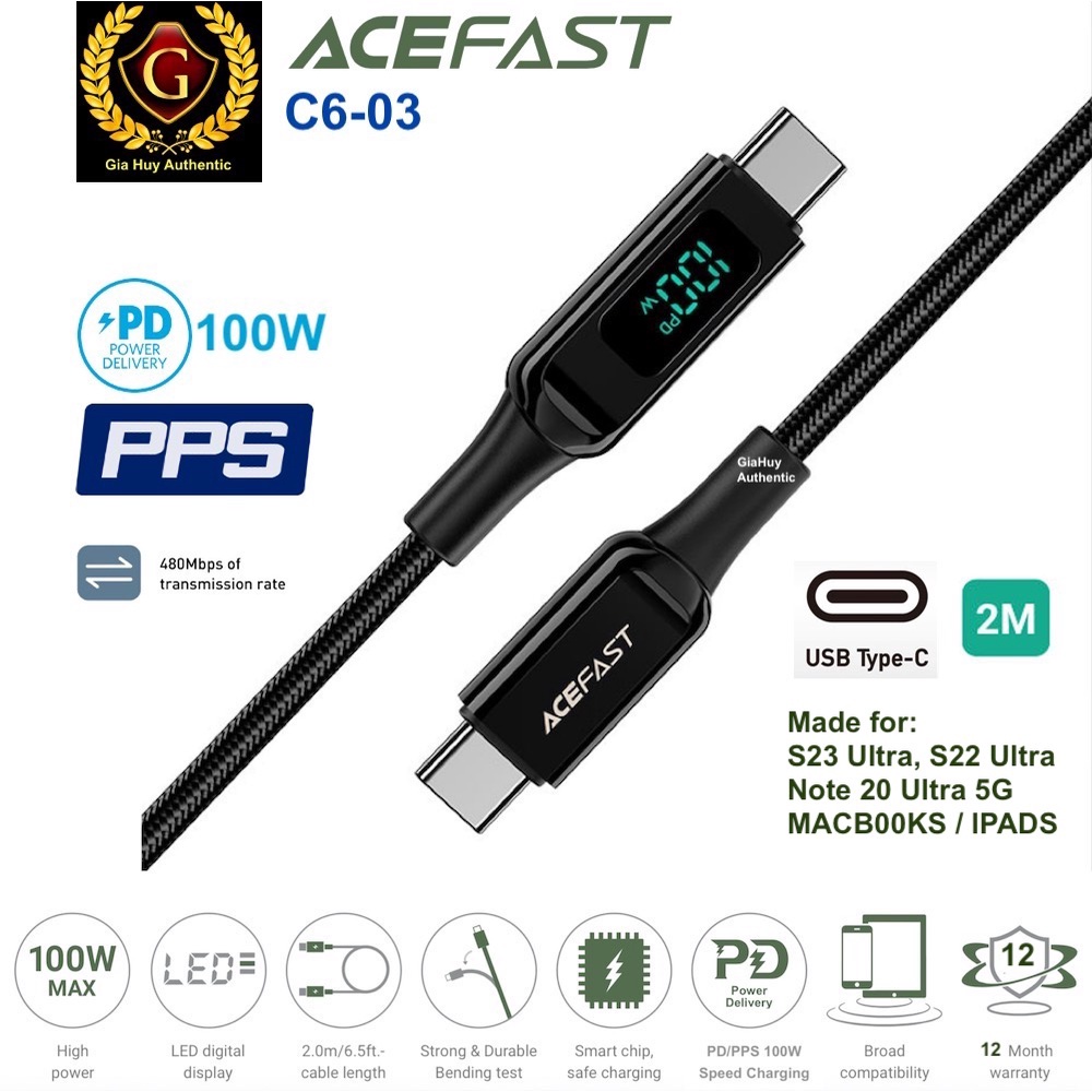 Cáp sạc nhanh Laotop, Tablet, S23 Ultra, Note 20 Ultra ACEFAST C6-03 Digital Display C to C 100W PD/PPS dài 2m