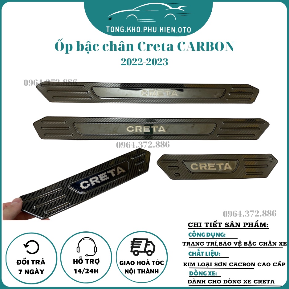 Ốp bậc cửa, nẹp bước chân trong, ngoài CARBON xe Hyundai Creta 2022- 2023, vân CACBON cao cấp