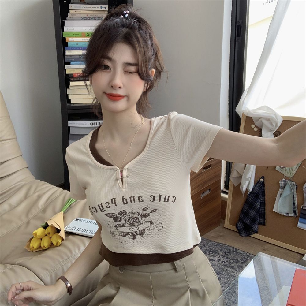 COZOK Áo Thun Ngắn Tay Hở Rốn In Họa Tiết vintage Thời Trang