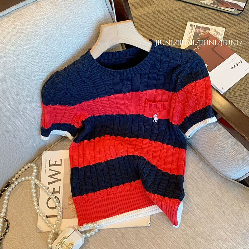Áo Sweater Tay Ngắn Họa Tiết Kẻ Sọc Màu Sắc Tương Phản Thời Trang Mùa Hè 2022 Mới Cho Nữ