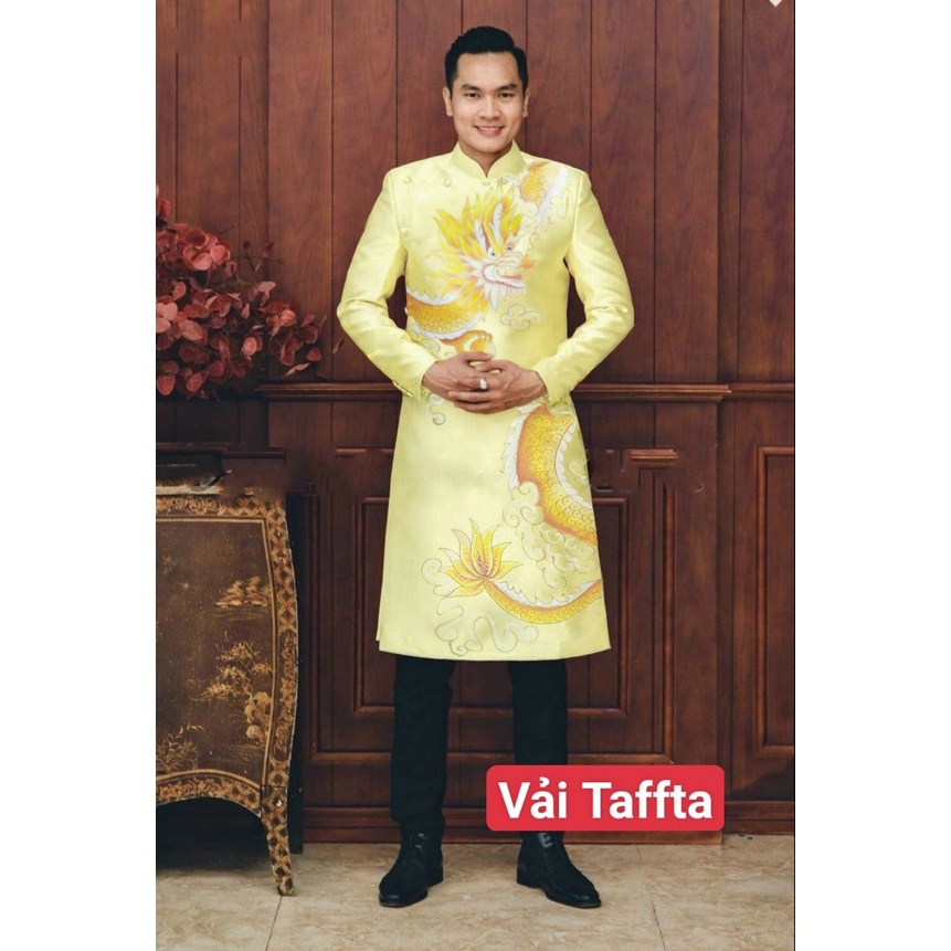 ADN1248 Áo Dài Cách Tân NAM VẢI TAFFTA MÀU VÀNG CHANH VẼ HỌA TIẾT
