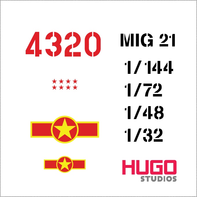 Hugo Studios Decal trượt nước máy bay MIG-21 số hiệu 4320 chưa phủ clear