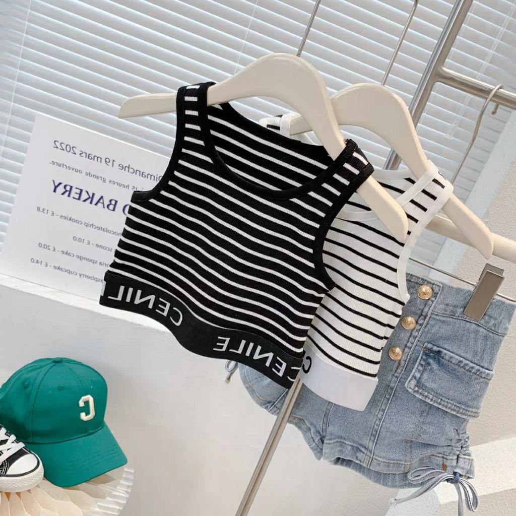 Áo Croptop Sát Nách Chất Liệu Cotton Kẻ Sọc Thời Trang Mùa Hè Cho Bé Gái