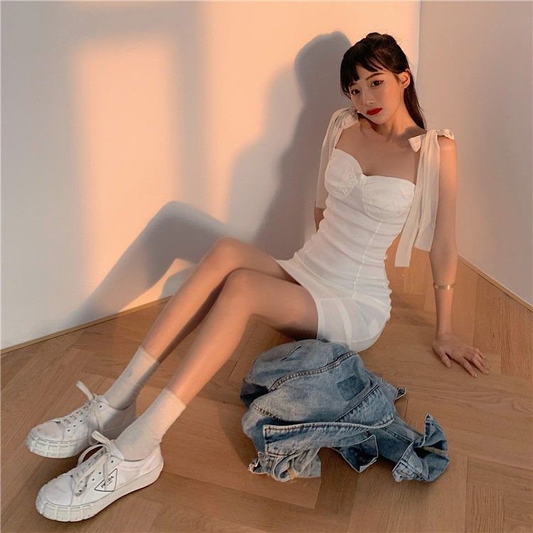 (ORDER) Váy hai dây cúp ngực thắt nơ vai ôm body sexy style Hong Kong - Có ảnh thật