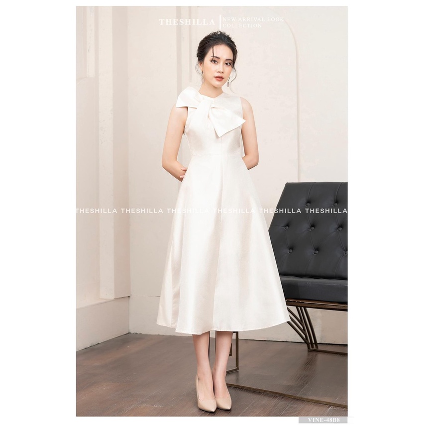 [3.3 Sales Freeship] Đầm công chúa, đầm trắng dáng xòe sát nách đính nơ cổ chất tapda đi tiệc phong cách Hàn Quốc mtb